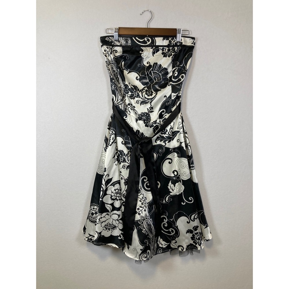 Ruby Rox Strapless Floral Paisley Cocktail Dress 7 Ivory Black Satin 50s Style